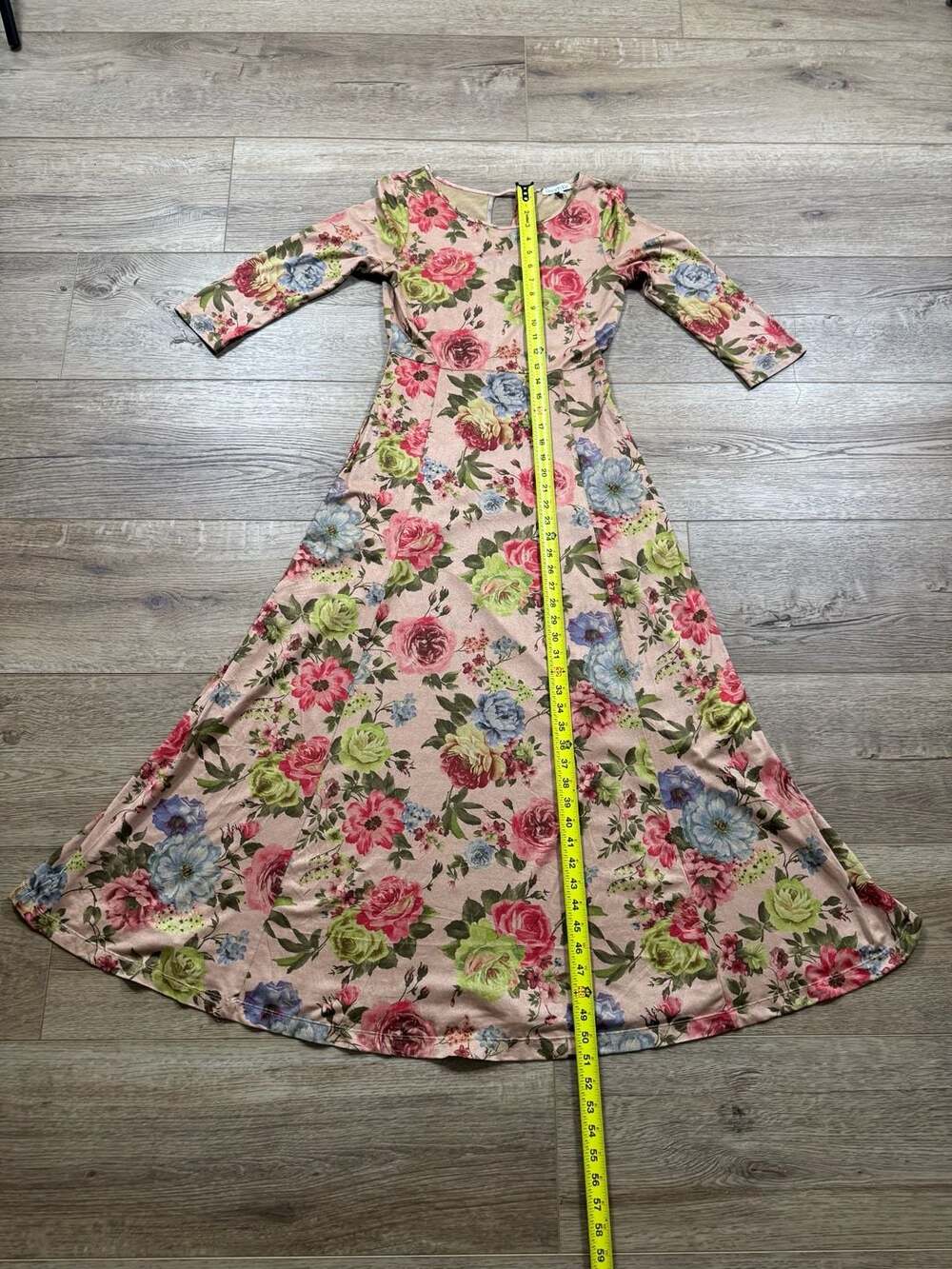 Peach Ice Floral Midi Dress Size S Pink Cottagecore Boho 3/4 Sleeve Maxi - Picture 11 of 14